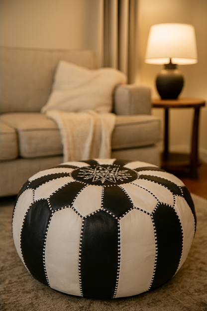 Noir & Blanc Moroccan Leather Ottoman Pouffe