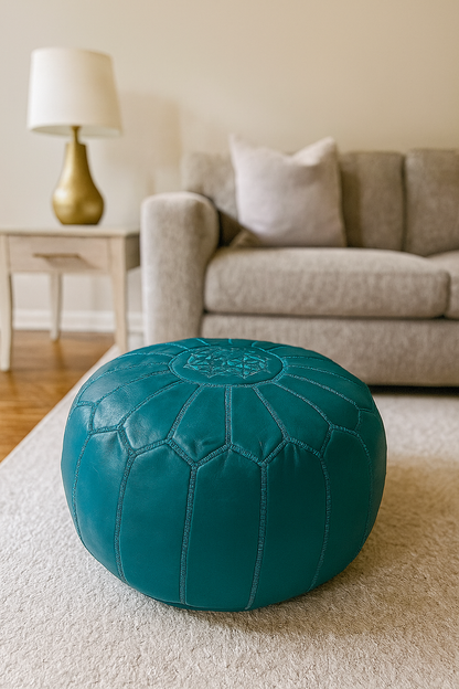 Ocean Teal Moroccan Leather Ottoman Pouffe