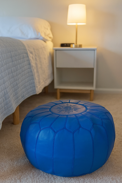 Royal Blue Moroccan Leather Ottoman Pouffe