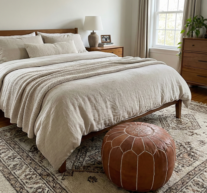 Tan Brown Moroccan leather Ottoman Pouffe