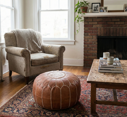 Tan Brown Moroccan leather Ottoman Pouffe
