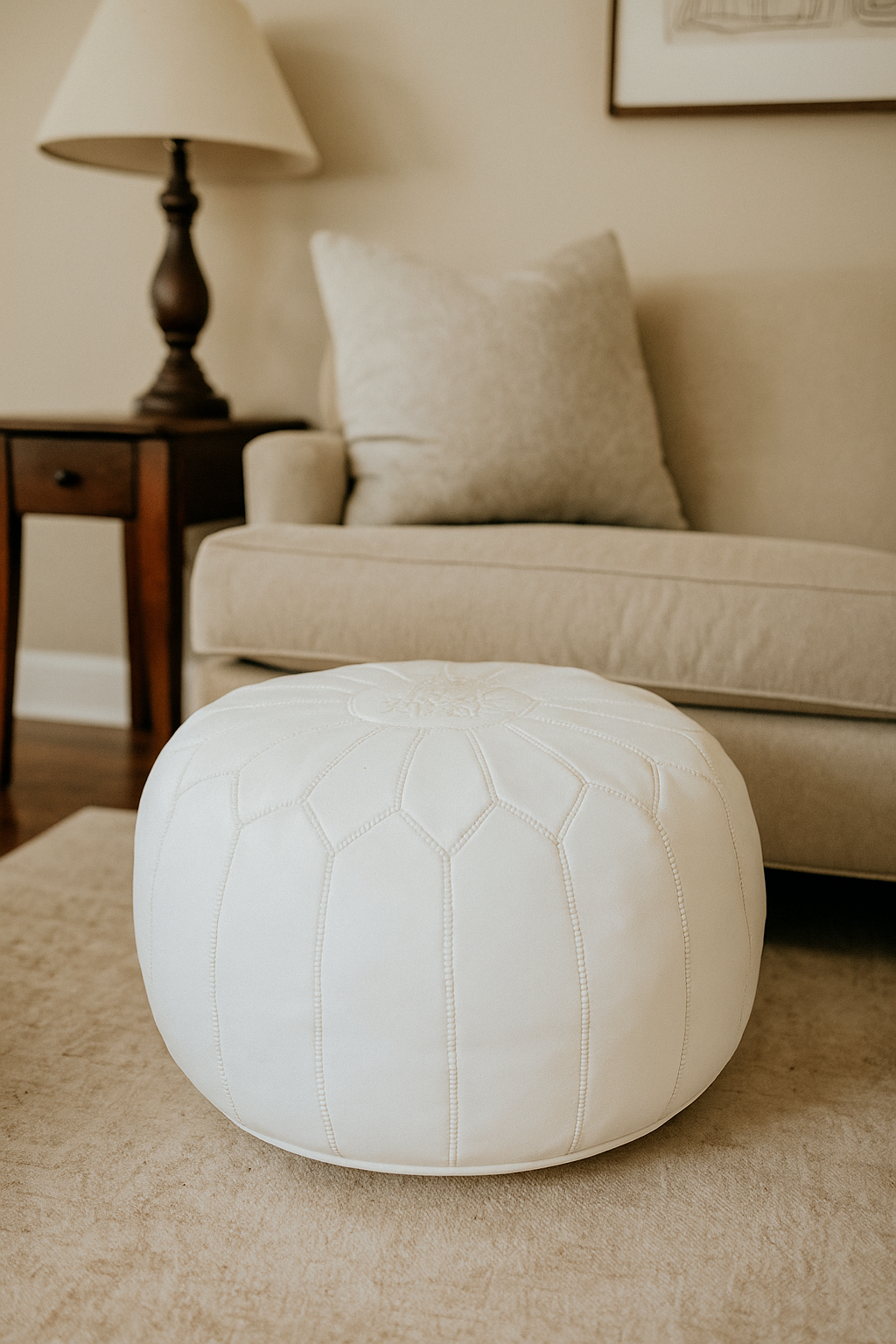 White Oasis Moroccan leather Ottoman Pouffe