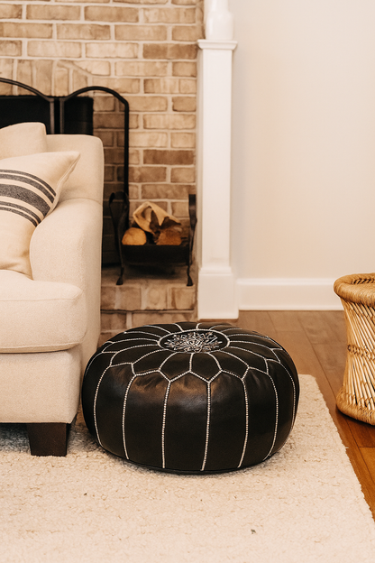 Black Moroccan leather Ottoman Pouffe