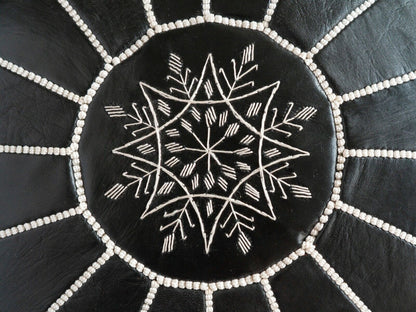 Black Moroccan leather Ottoman Pouffe